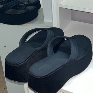 Black Platform Wedge Thong Toe Sandals